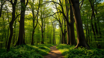Naklejka premium Amazing nature view, tranquil forest pathway with rays of sunlight through trees leaves, Stunning spring summer scenic landscape wallpaper background. Meditation inspire natural sunrise forest trail