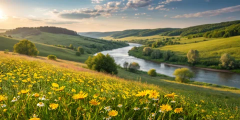 Foto op Canvas Beautiful peaceful spring-summer natural landscape of hilly terrain with a river and yellow field flowers. © Laura Pashkevich