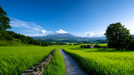 Serene Green Field Landscape with Stone Wall Path and Distant Mountain