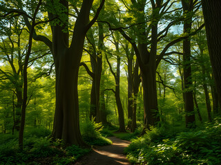 Naklejka premium Amazing nature view, tranquil forest pathway with rays of sunlight through trees leaves, Stunning spring summer scenic landscape wallpaper background. Meditation inspire natural sunrise forest trail