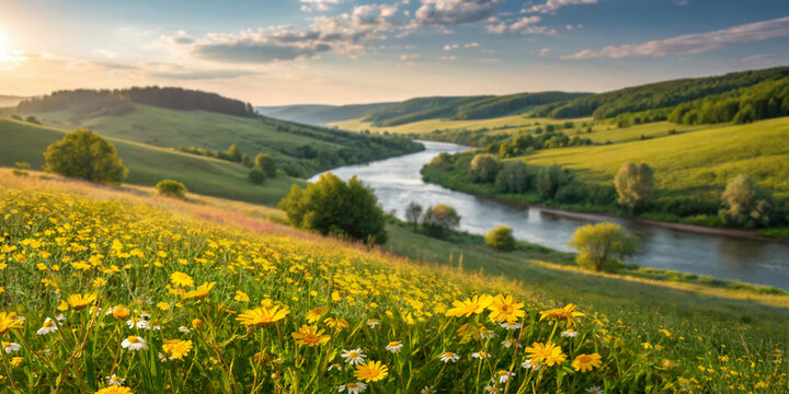 Beautiful peaceful spring-summer natural landscape of hilly terrain with a river and yellow field flowers.