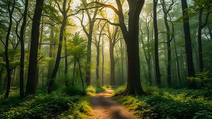 Naklejka premium Amazing nature view, tranquil forest pathway with rays of sunlight through trees leaves, Stunning spring summer scenic landscape wallpaper background. Meditation inspire natural sunrise forest trail