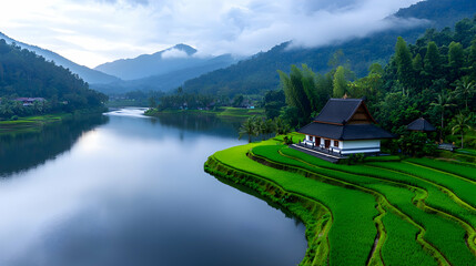 Naklejka premium Serene Lake and Rice Paddies Landscape in Mountain Valley