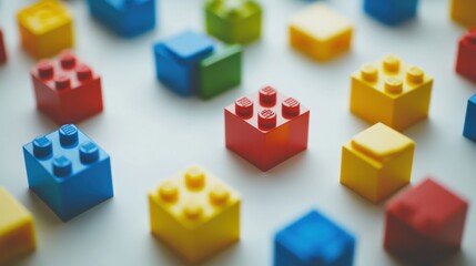 Obraz premium Building blocks neatly arranged on a white surface. Showcasing various shapes and colors. Emphasizing creativity and structure. Ideal for educational and creative projects.