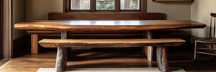 A handcrafted wooden dining bench paired with a matching rustic table
