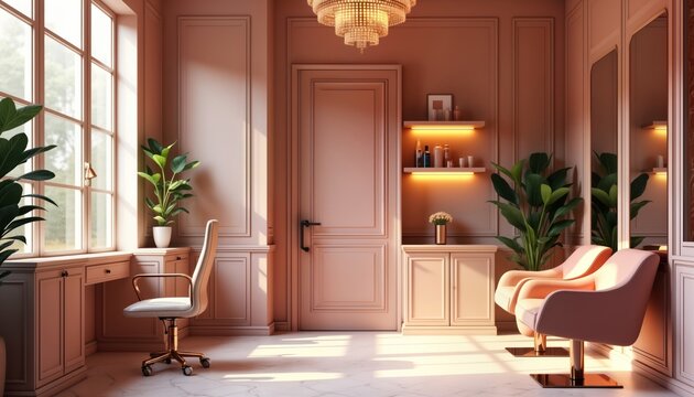 Elegant modern beauty salon interior. Empty styling chairs, desk area. Soft pink color scheme. Plenty of natural light through windows. Plants, luxury furniture present. Interior design focus on