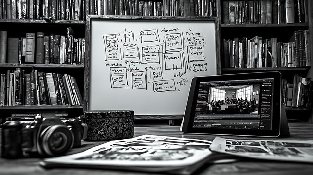 Stylish monochrome image of a workspace showing a whiteboard with handdrawn website designs, a tablet displaying video editing software, a camera, bookshelves, and papers.