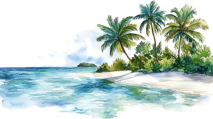 Fototapeta premium Watercolor Painting of Tropical Beach Scene with Palm Trees