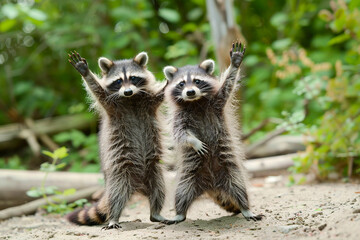 Fototapeta premium Two playful raccoons raising their paws in the air, standing side by side in a natural forest setting.