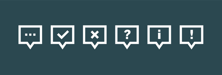 Icon set of check mark, question mark, exclamation point, cross and information vector icon. FAQ sign. Tick, question, information and answers sign. Help mark. Vector illustration symbol