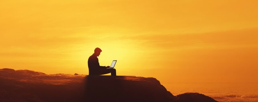 freelance work, financial freedom, silhouette of business man working on laptop on sunset beach, banner background with copyspace