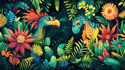 Two Colorful Mythical Birds Amidst Lush Tropical Flora