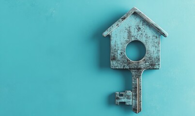 houseshaped key on an isolated blue background
