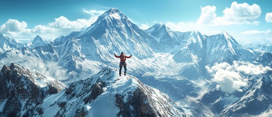 Person on snowy mountain peak, arms raised, with mountain ranges in the distance