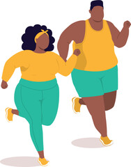 Overweight Black Couple In Activewear Jogging Together.
