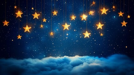 Fototapeta premium Magical night sky, glowing stars hanging over clouds, dreamy background, perfect for fantasy or children's themes
