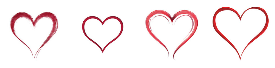 A series of four stylized heart shapes in varying sizes, showcasing gradients of red tones.