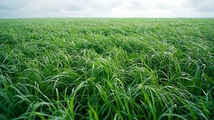 Lush green field under cloudy sky; nature background for websites or advertising