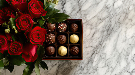 luxury valentine chocolates in heart shaped gift box and tender roses, copy space