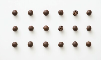 Individual coffee beans laid out in a symmetrical pattern on a pristine white surface, plain, white
