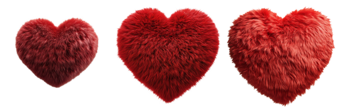 Three plush red hearts of varying sizes, featuring a soft, fluffy texture, ideal for expressing love and affection.