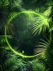 Obraz premium Neon green circle frame on a dark background of palm leaves.