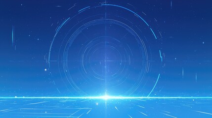 Obraz premium Abstract digital design featuring concentric circles and glowing lines in a blue gradient.