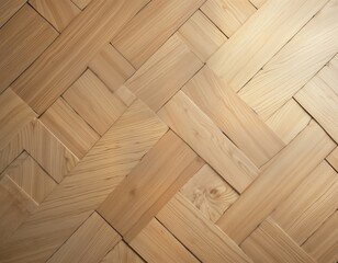 Natural light highlights herringbone wooden parquet floor. Traditional design shows timber planks arranged in decorative pattern. Warm tones create cozy, timeless interior decor. Close-up view