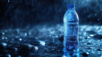 A clear, chilled plastic water bottle with condensation stands on a wet surface,