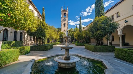 Panoramic view of a landscaped plaza with large fountains and topiary hedges,