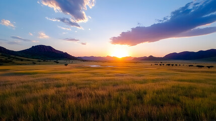 Obraz premium Serene Sunset Over Golden Grasslands with Grazing Cattle
