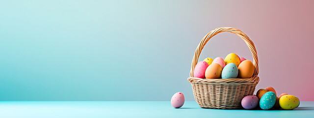 A basket full of colourful Easter eggs against a vibrant gradient background. Wide banner or header with copy space and room for text.   