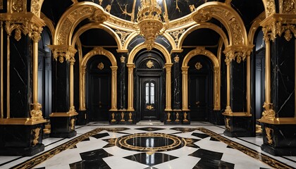 Obraz premium Opulent Black and Gold Palace Interior: A Grand Hall