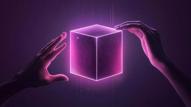 Glowing cube with hands sculpting its sides, collaborative creativity, 3D illustration