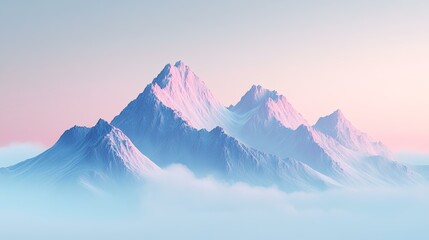 Pink & blue majestic mountains above clouds at sunrise; serene landscape for travel posters