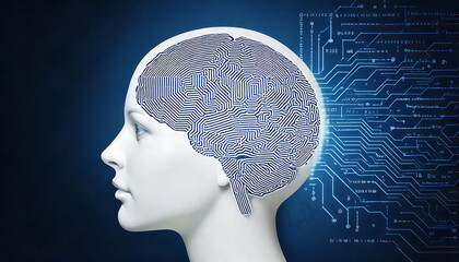 Stunning digital art depicting a woman's head with a circuit board pattern as her brain, seamlessly merging human form and technology.
