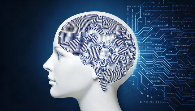Stunning digital art depicting a woman's head with a circuit board pattern as her brain, seamlessly merging human form and technology.