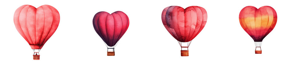 Fototapeta premium Colorful heart shaped hot air balloons drifting in the blue sky against a scenic landscape with clouds Aerial adventure and tourism concept with and journey