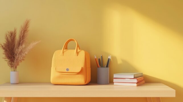 Yellow backpack, books, pencils on desk, sunlit yellow wall, back to school - Powered by Adobe