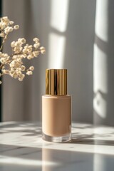 A bottle of light beige liquid foundation with a golden cap on a marble table, sunlight streaming through a window