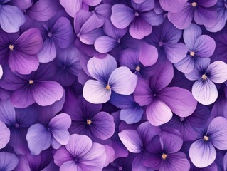 A seamless pattern featuring delicate wild violets in various shades of purple, watercolor style,