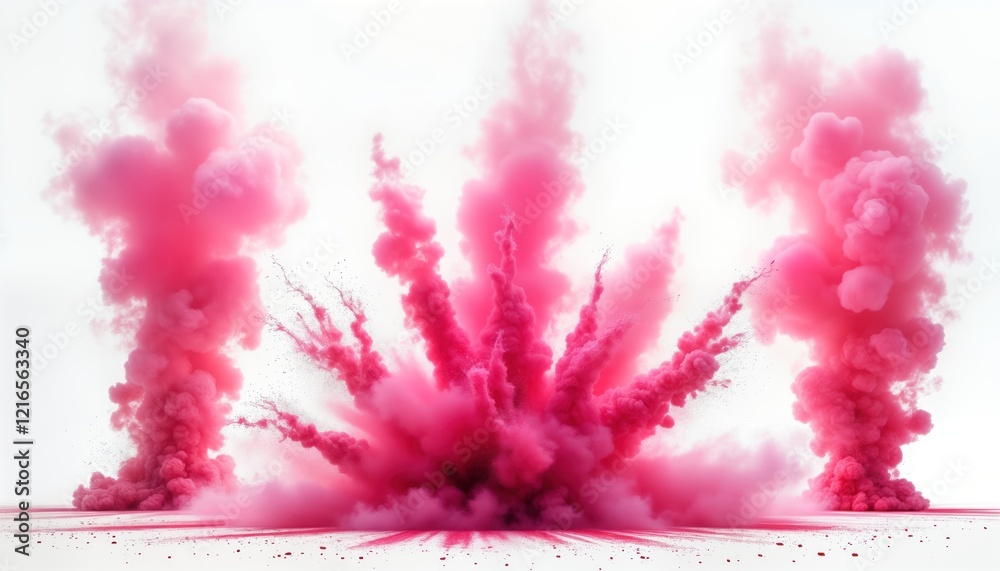 Poster pink explosion fills space with swirling smoke, powder. color transition effect. dramatic burst of v