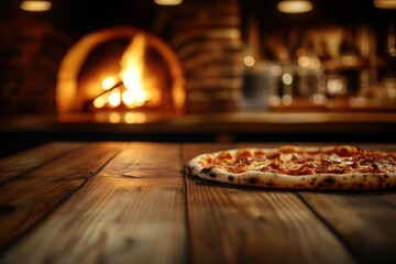 delicious pizza on wooden table in front of burning pizza oven