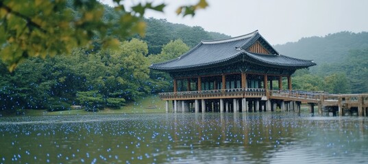 Fototapeta premium Traditional Korean Pavilion by Serene Lake, Digital Outline Effect, Architecture, Tranquility