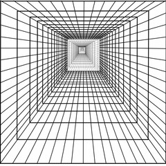 This is a pixel design illustrating the concept of entering an infinite loop, with a perspective drawing of an infinity room-like structure, creating an illusion of endless repetition and depth.