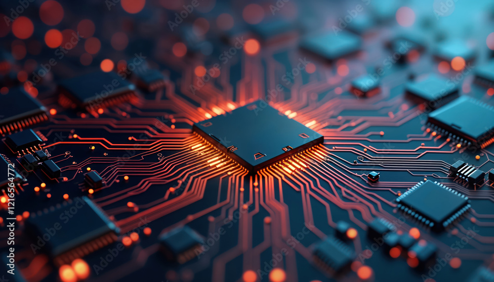 Poster High tech circuit board close up view. Complex computer chip and circuitry. Modern tech design. Electronic components. Advanced technology. Innovation. Future tech. Digital age.