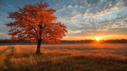 Obraz premium Solitary autumn tree at sunrise in a field. Peaceful nature scene, ideal for calendars or posters