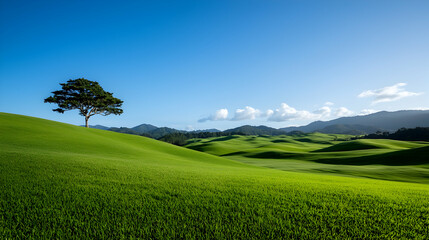 Fototapeta premium Solitary Tree on Rolling Green Hills Under a Blue Sky