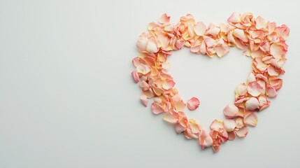 Obraz premium A heart-shaped arrangement of rose petals on a white background.