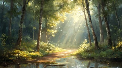 Obraz premium Sunbeams illuminate a forest path, reflecting on a puddle. Peaceful nature scene, ideal for relaxation or travel publications